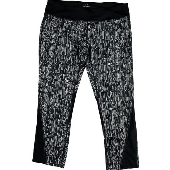 Nike Leggings Womens Small Black White Print Racer Crop Athletic Running Dri Fit - Picture 1 of 9